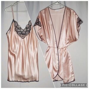 Val Mode Lingerie Robe Camisole Nighty Set Large Pink Satin Gray Lace Tie Bride